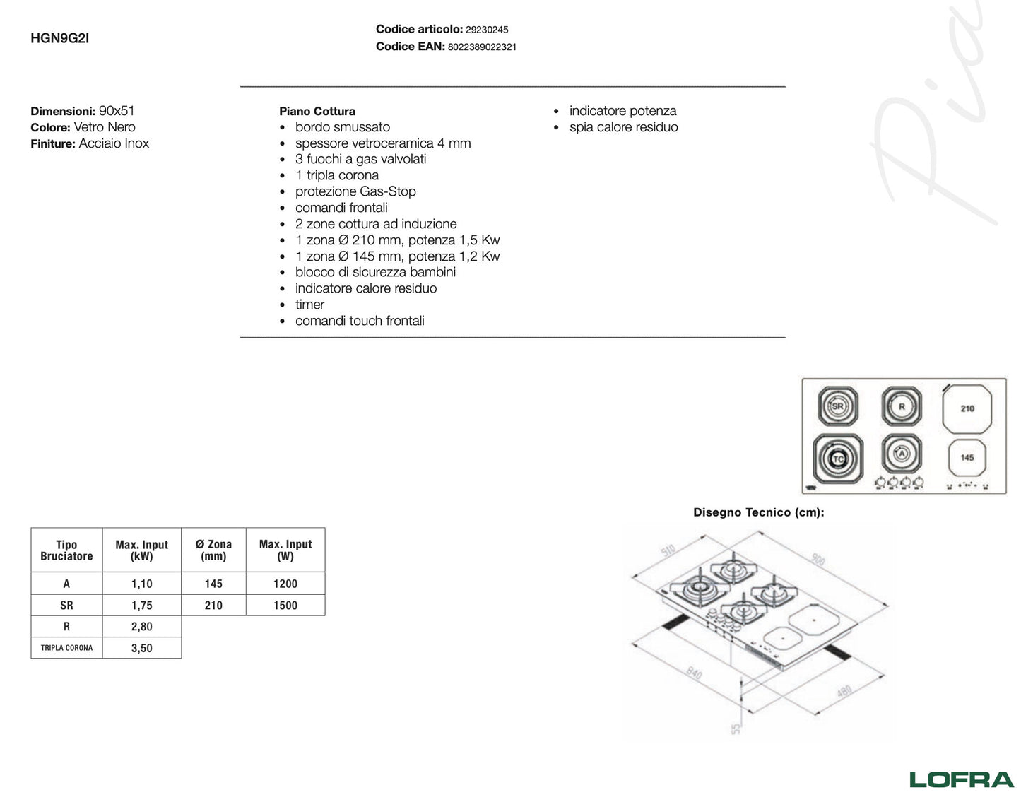 Piano Cottura Gas Induzione - HGN9G2I DIONE - Piano Cottura Misto - 4 fuochi gas e 2 zone induzione- Vetro