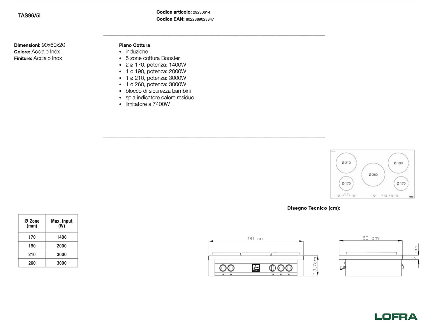 Piano Incasso a Induzione TAS96/5I - PROFESSIONAL - Range Top Induzione 5 fuochi