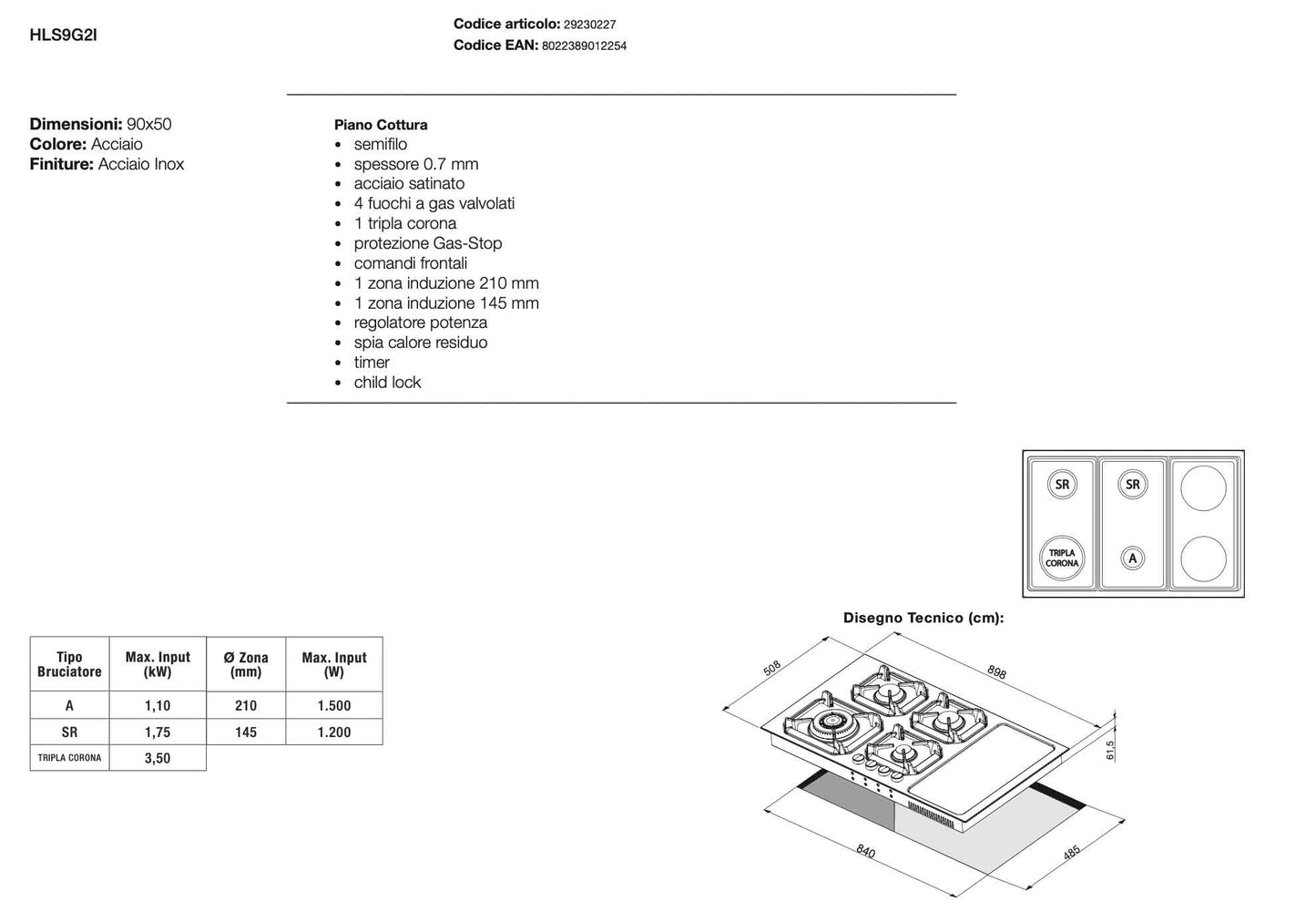 Piano cottura gas induzione - HLS9G2I NETTUNO - Piano Cottura Misto  - 4 fuochi gas e 2 zone induzione