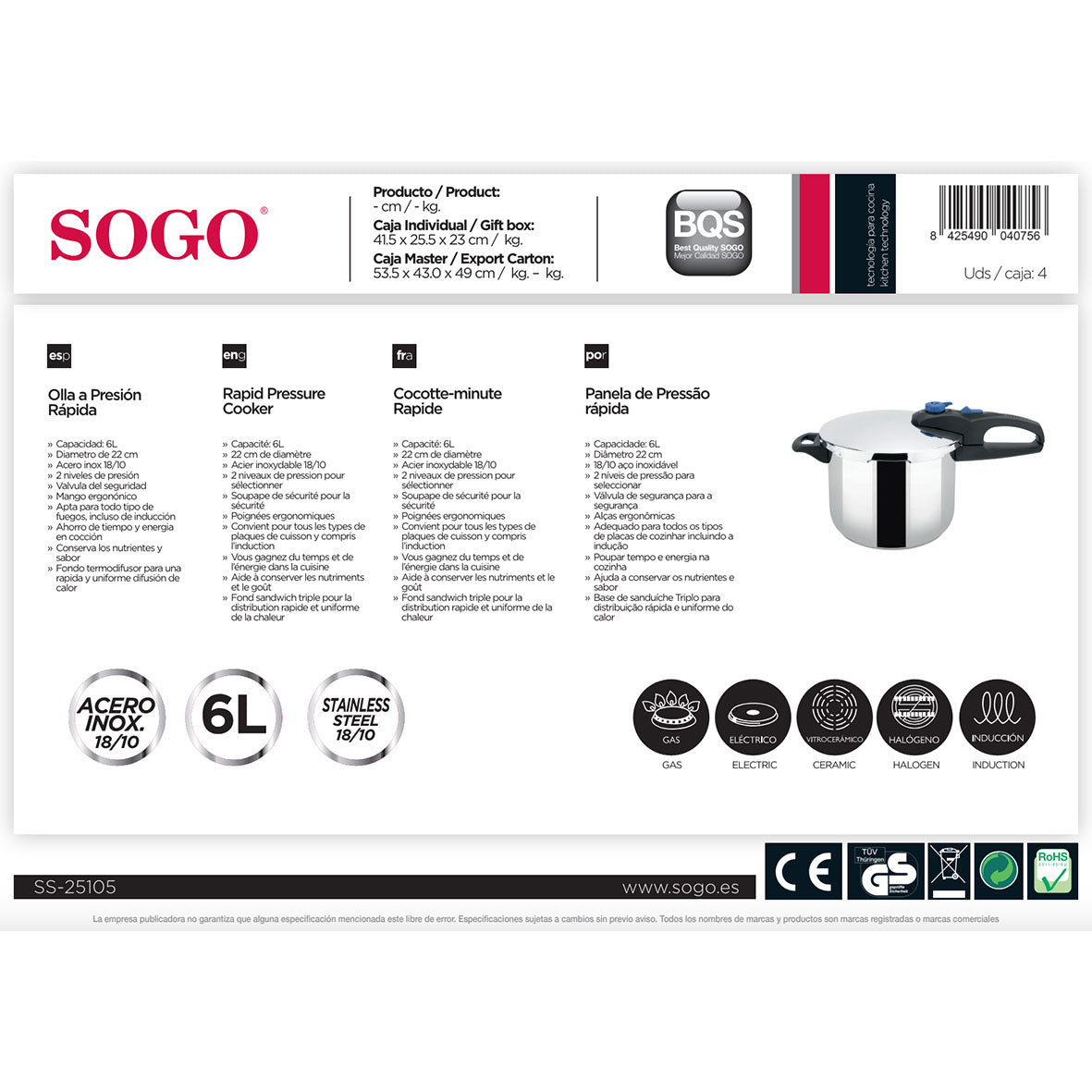 SOGO - OLL-SS-25105 - Pentola a pressione - Inox - 6 litri - 22 cm