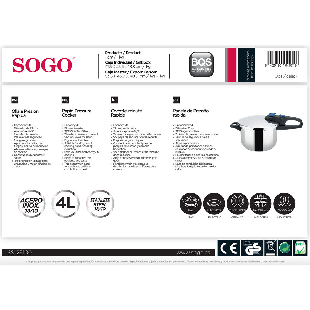 SOGO - OLL-SS-25100 - Pentola a pressione Inox - 4 litri - 22 cm