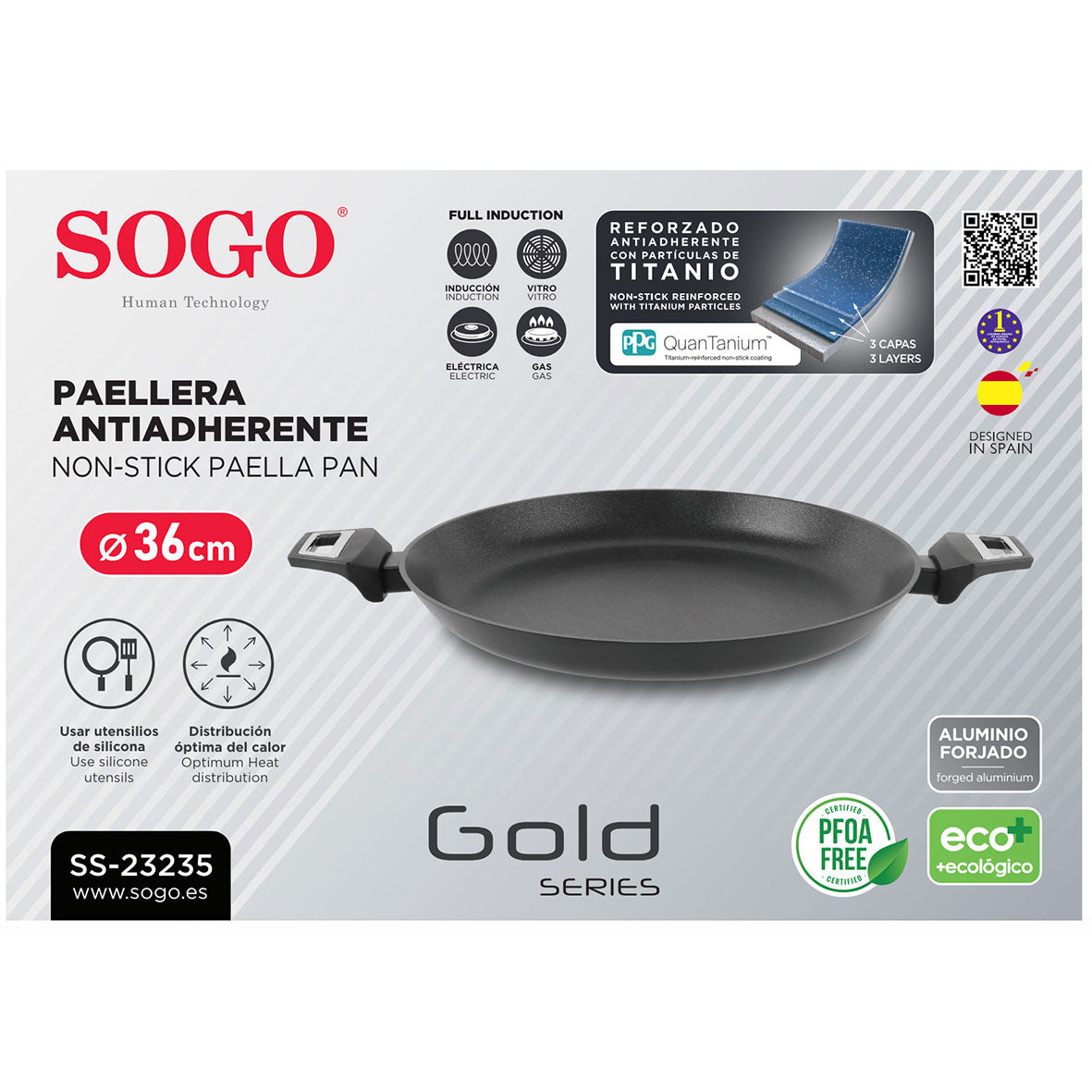 SOGO - SAR-SS-23235 - Padella per Paella  antiaderente in alluminio - 36 cm - Anche per piani a induzione